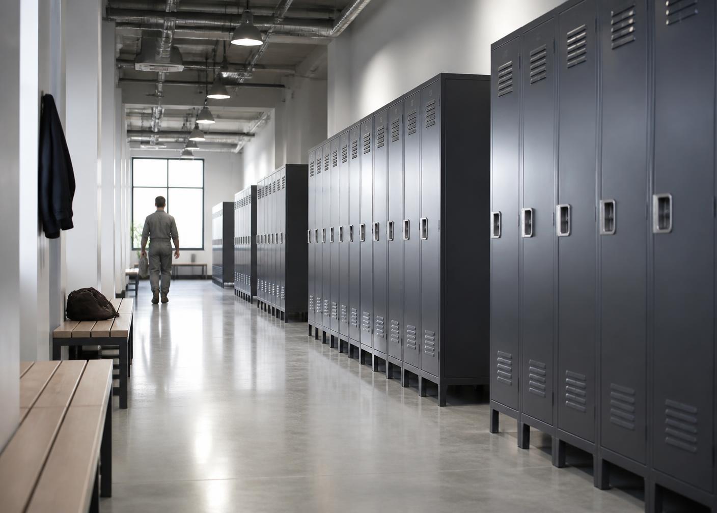 Kleedruimte met rijen grafietkleurige lockers in een productieomgeving