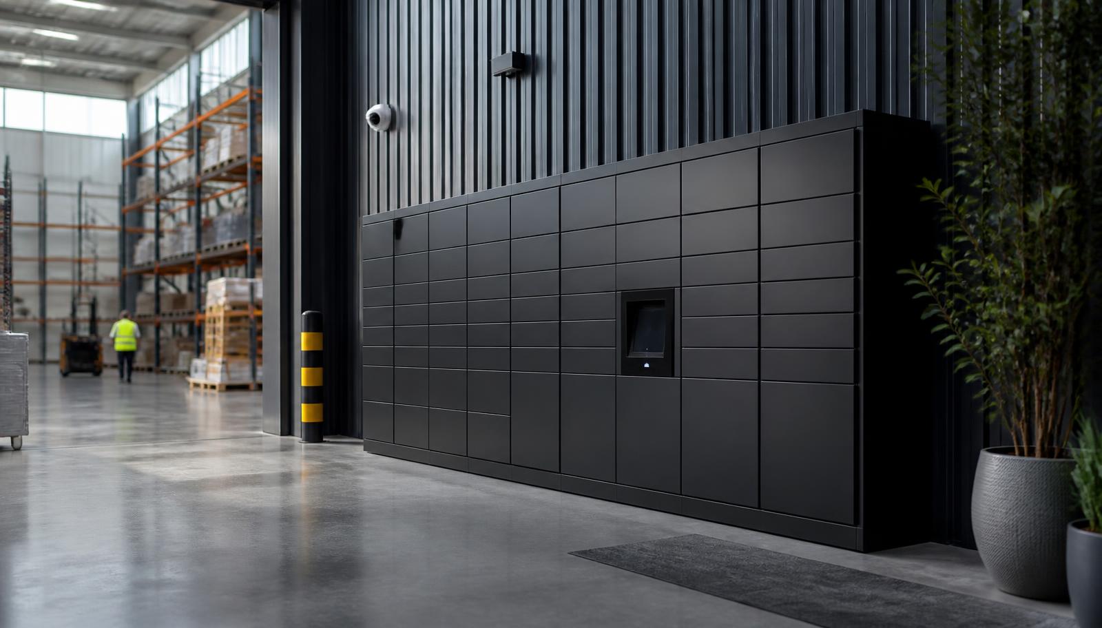 Wand met donkere smart lockers bij de ingang van een distributiecentrum