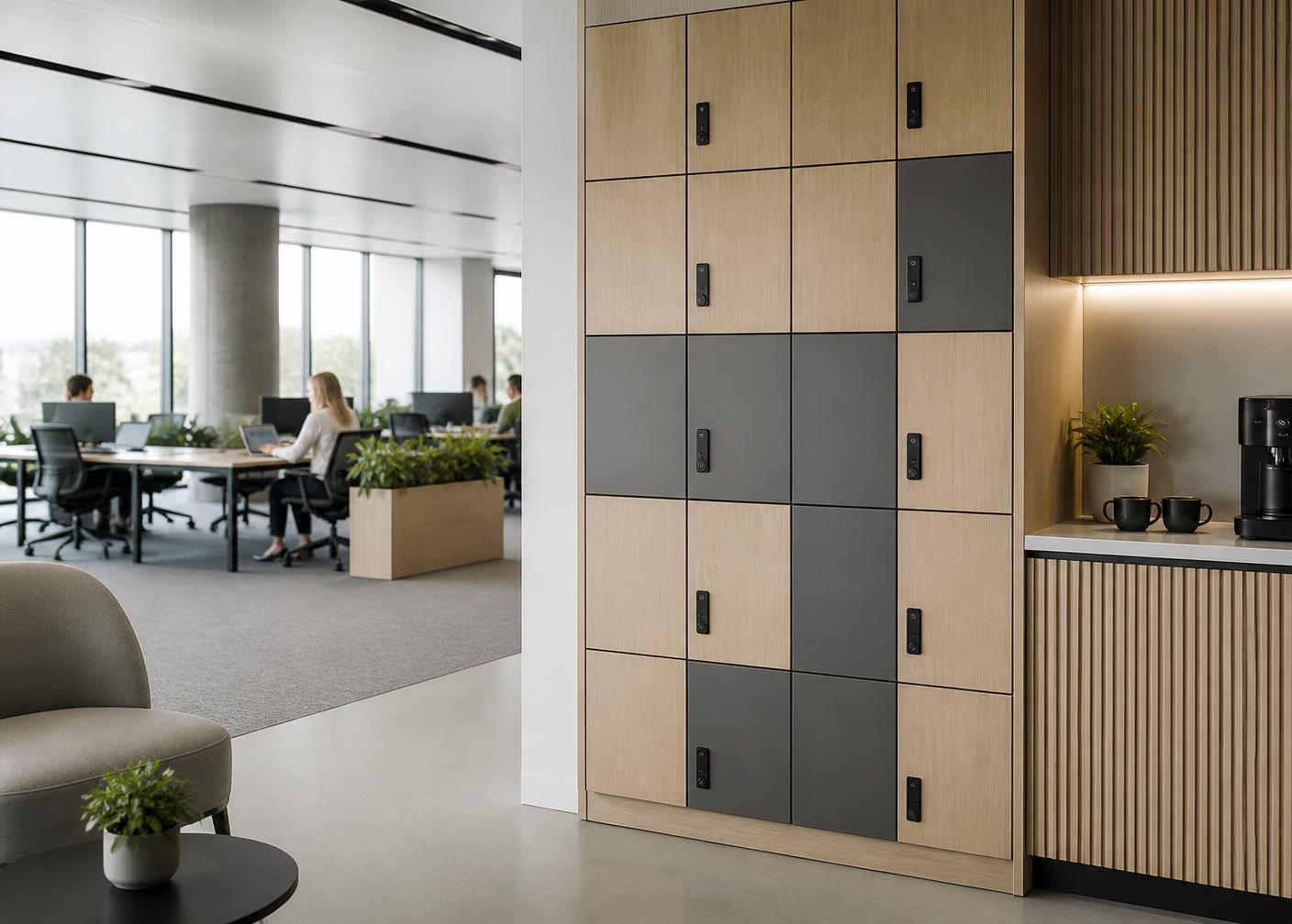 Flexlockers in hout en grijs naast een koffiepunt op een flexkantoor