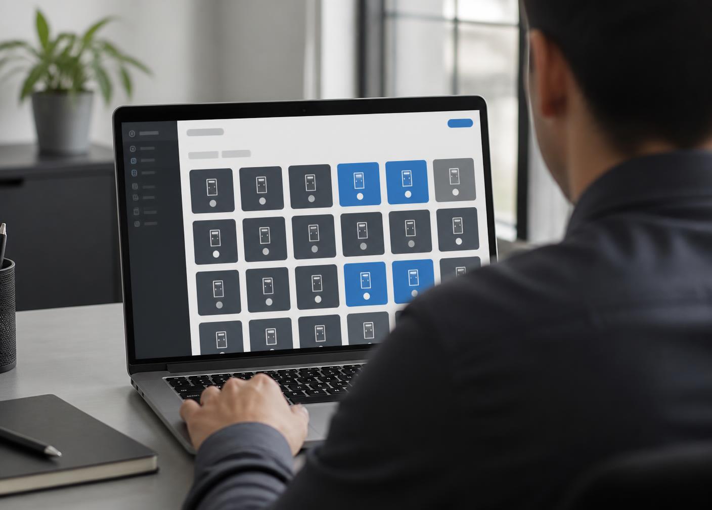 Beheerder bekijkt de status van lockers in een online portaal op een laptop