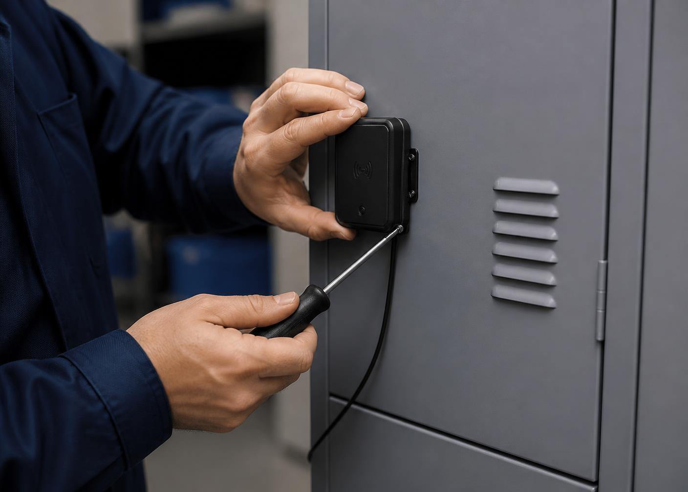 Monteur plaatst een elektronische sluiting op een bestaande lockerdeur