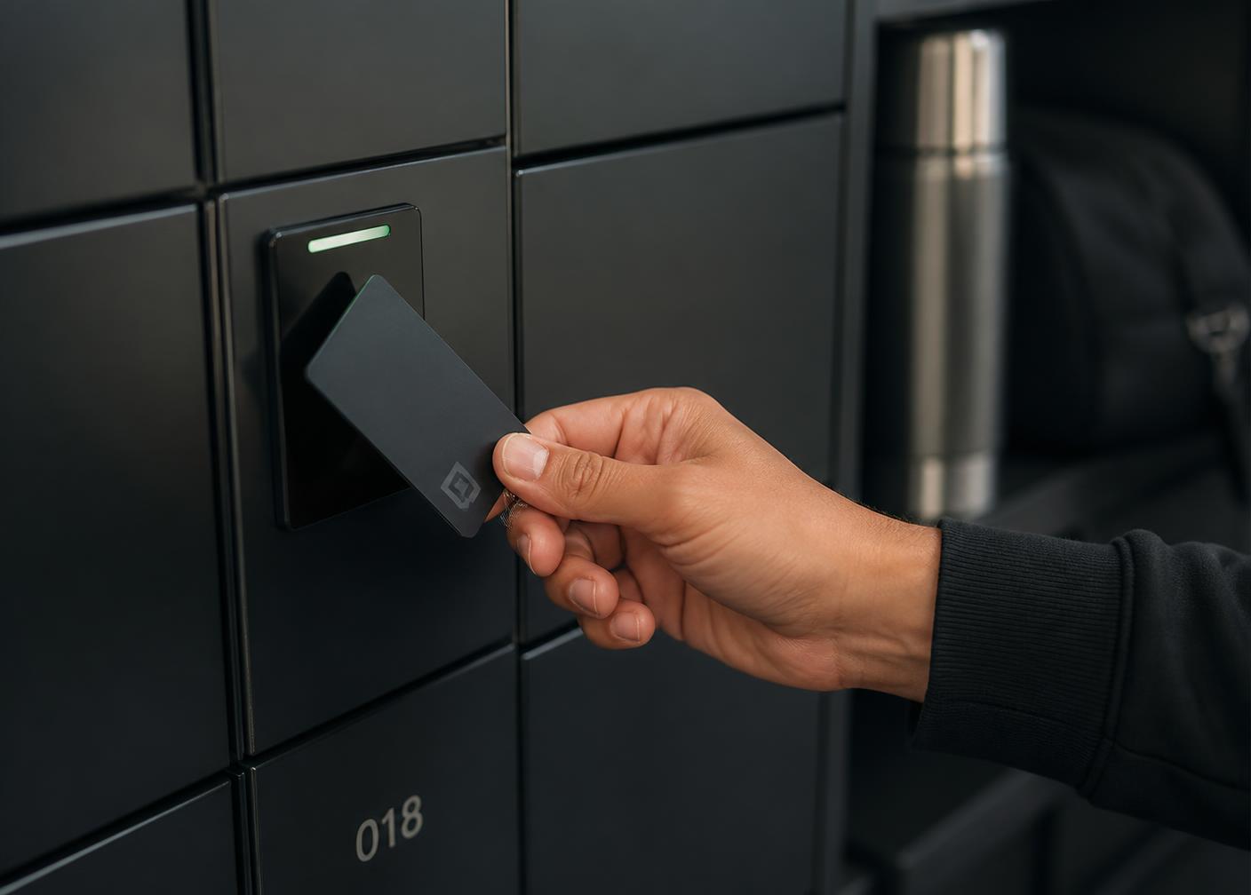 Medewerker houdt een personeelspas bij de lezer van een smart locker